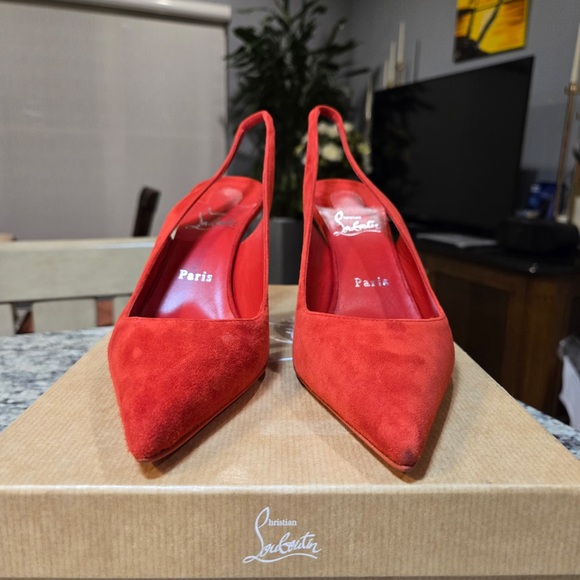 NEW Christian Louboutin Clare Sling 80mm Size 39 in Fiery Red Suede - Picture 6 of 13